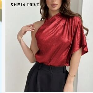 SHEIN Red One-Shoulder Metallic Blouse